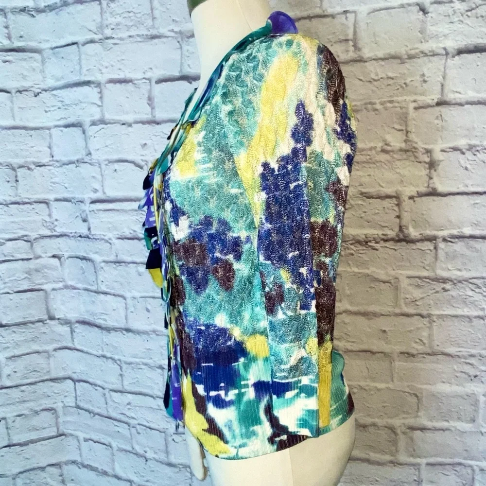 St John. Watercolor Button Up Cardigan in Blues, Yellow, Green. Size XS. - Picture 3 of 12